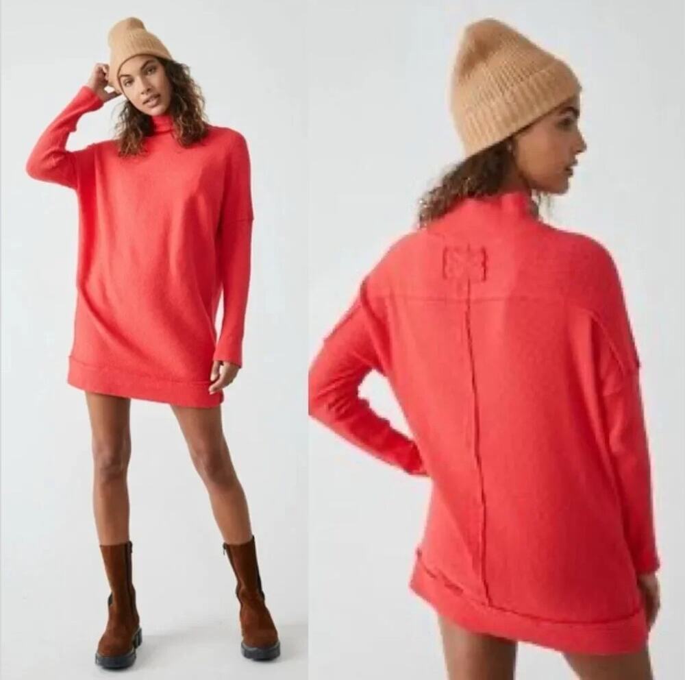 We the Free People Casey Tunic Top Mini Dress Coral Red Small ribbed knit